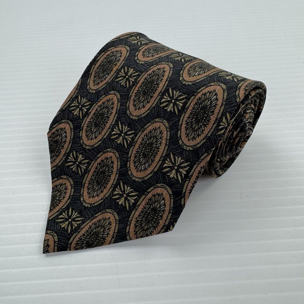 Vintage Valentino Cravatte Silk Tie Italy Brown Medallion Geometric Designer